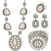 4 Pack Boho Vintage Turquoise Jewelry for Women, Bohemian Western Jewelry Set with Vintage Turquoise Necklace Dangle Earrings Stretchable Bracelet Ring, Country Cowgirl Accessories for Gift