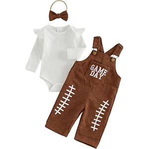 Yuufuniy Baby Girl Fall Outfit Football Romper Suspender Overalls Pant Set | Ribbed Knit Jumpsuit Rugby Ruffle Long Sleeve Ov