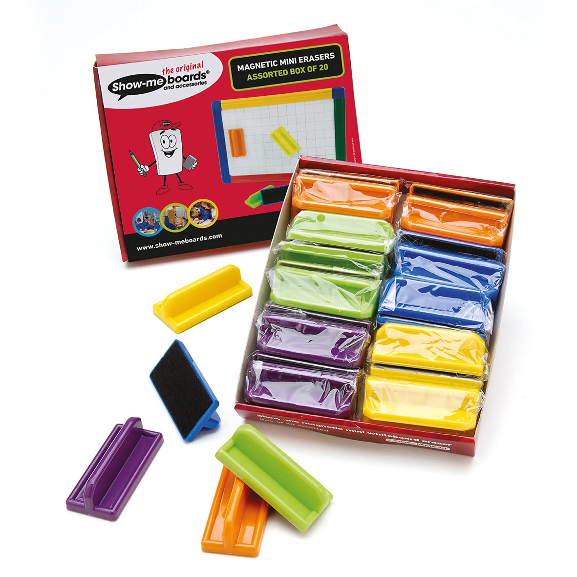 Show-me Mini Magnetic Whiteboard Erasers for Drywipe Boards in Schools and Classrooms – Assorted Colours (Pack of 20)