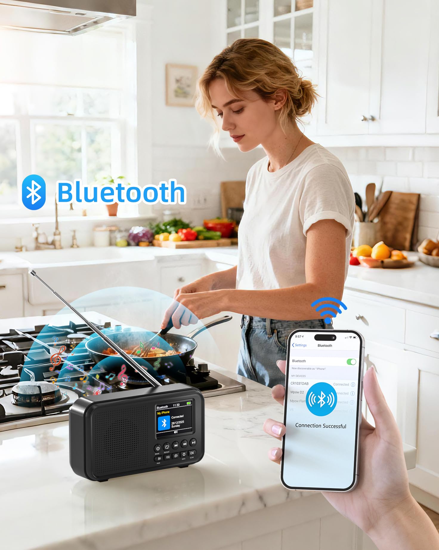 Tragbares DAB+ Radio mit Bluetooth, UKW/DAB Digitalradio mit 2,4" Farbdisplay, 80 Senderspeicher, 3000mah Akku oder Netzbetrieb, Support TF-Karte/Wecker/Sleeptimer/Klinken, Für Küche, Camping, Garten 3