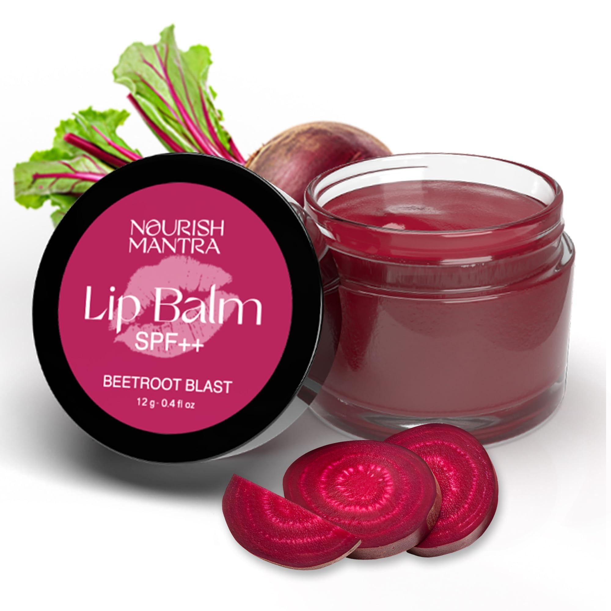 Nourish Mantra - Beetroot Blast Lip Balm with SPF | Made with Olive oil, Shea Butter, Vitamin E and Avocado Oil | For Dry, Chapped & Dark Lips | Best for Both Women and Men | 12g (Pack of 1, Beetroot)