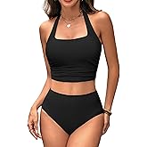 BMJL Womens High Waisted Bikini Sets Halter Two Piece Swimsuits Sporty Ribbed Tummy Control Bathing Suit