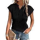 EVALESS Womens Summer Short Sleeve Textured Tops Trendy V Neck Cap Sleeve Solid Loose Dressy Casual Basic T Shirts Blouses