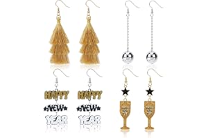 BOARDFEB Happy New Year Earrings for Women, Metal Glitter Wine Glass Dangle Earrings Jewelry Accessories Gold Tassel Dangle Earrings Disco Ball Earrings New Year Eve Earrings Gifts Party Holiday