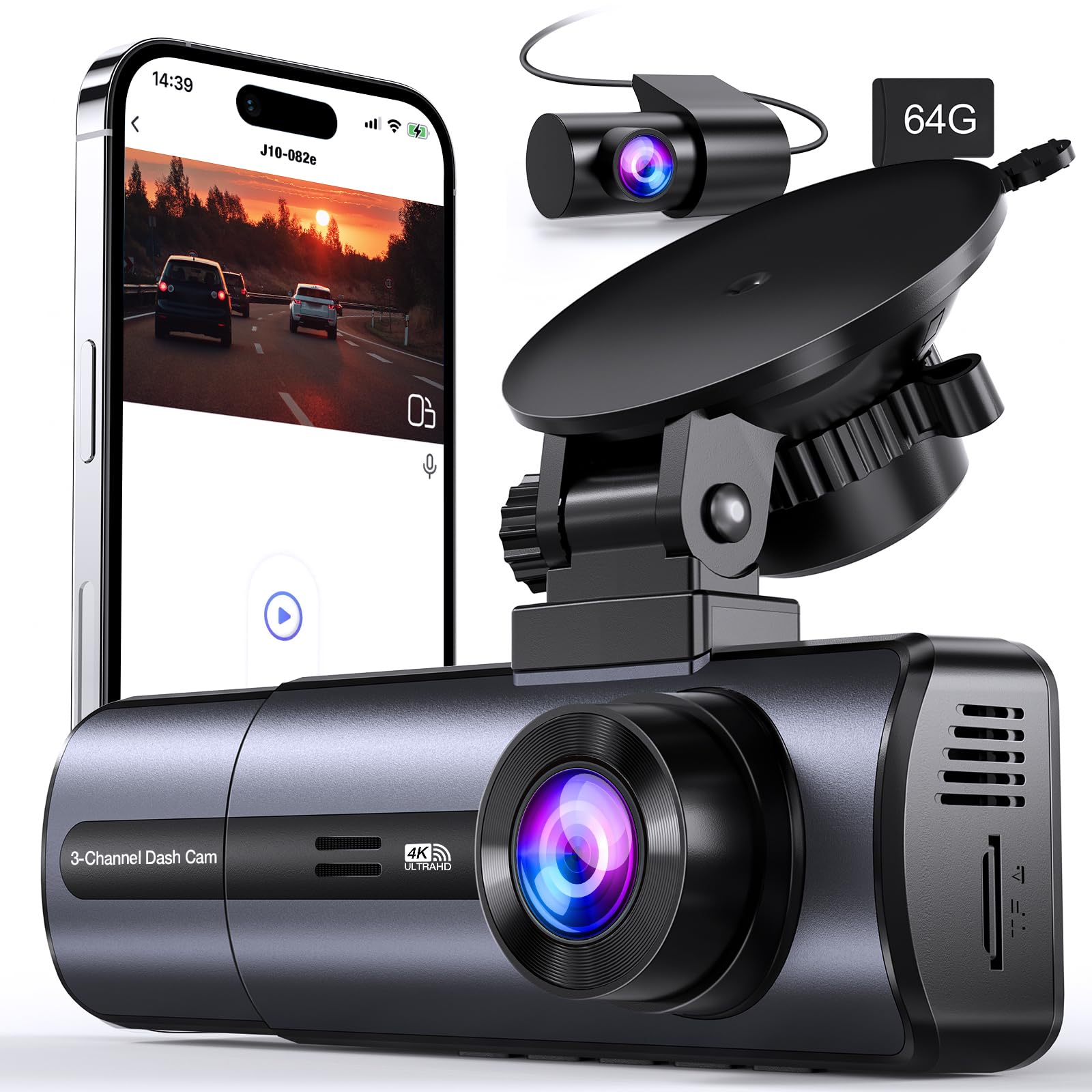 Photo 1 of 3 Channel 4K Dash Cam with 5GHz WiFi & APP Control, 4K/2.5K+1080P+1080P Front Inside and Rear, Triple Dash Camera with 64GB Card, G-Sensor, 24 Hours Parking Mode, Loop Recording, Night Vision