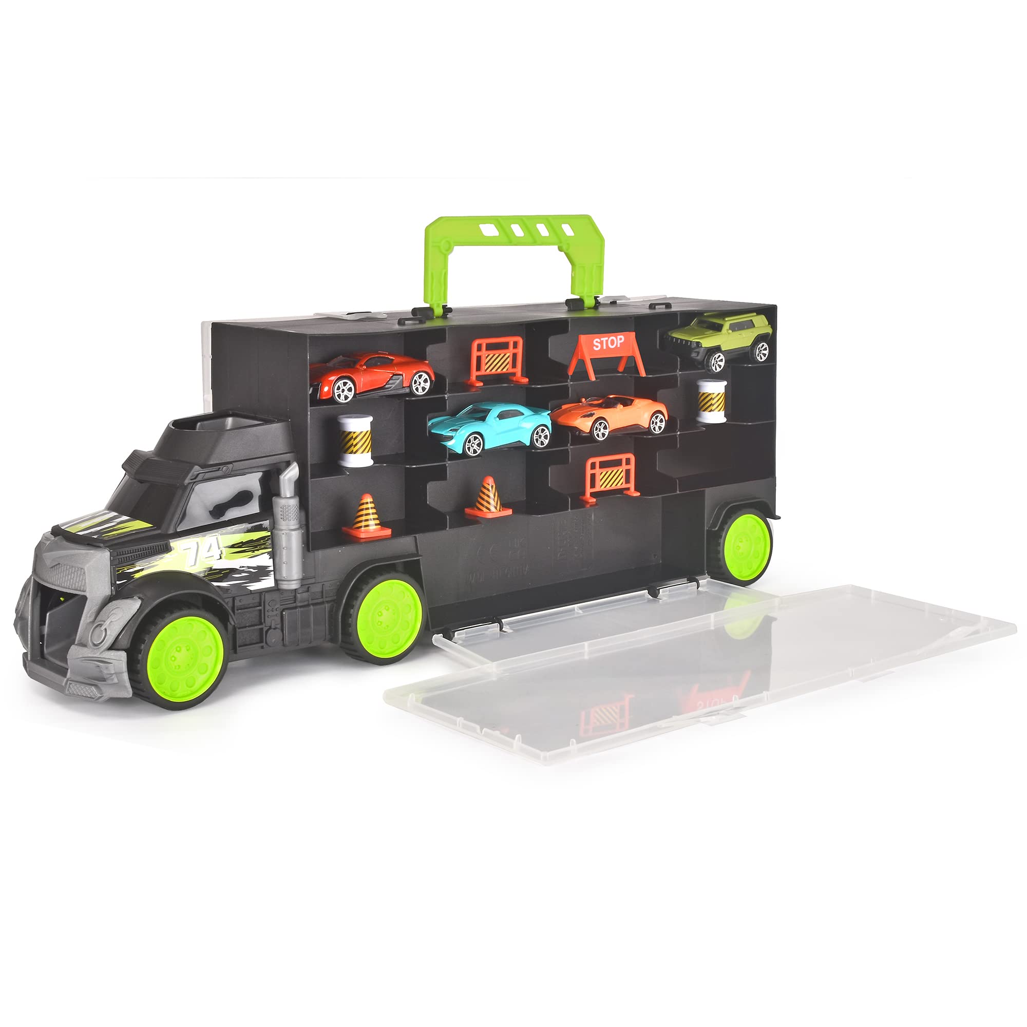 Dickie Toys Carry & Store Transporter - Toy Truck for Storing 28 Toy Cars, Includes 4 Cars, Includes Accessories, with Ramp, for Children Aged 3 and Above, Zerowaste Packaging
