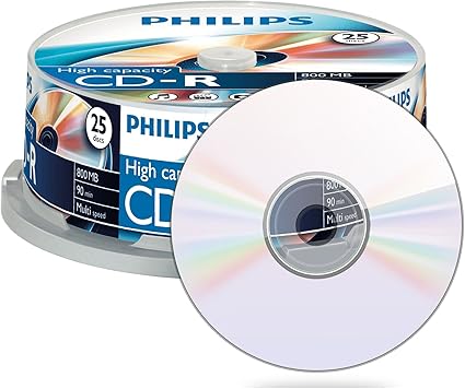 Philips CD-R 90Min / 800 MB / 40X Cakebox (25 Disc): Amazon.es: Electrónica