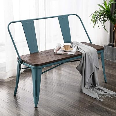 Erommy Industrial Metal Bench with Wood Seat, Dining for 2