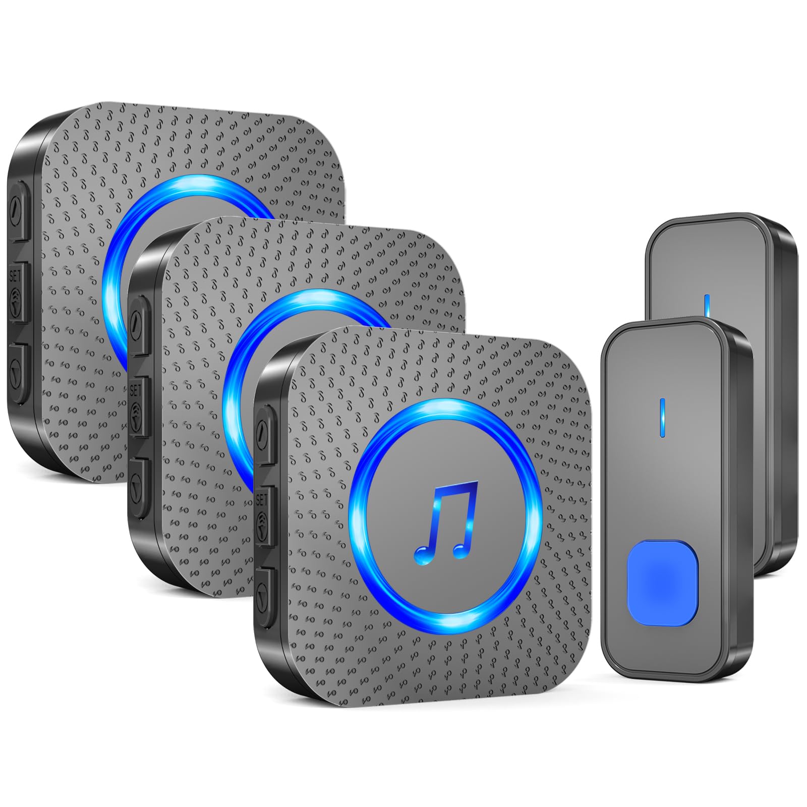 SURFOU Wireless Doorbell with 3 receivers 2 Buttons,IP55 Waterproof Doorbell,1300 FT/400M Remote Doorbell,55 Chimes 5 Volume,Colorful LED Flashing,110 db Loud Volume,For Home/Classroom Image