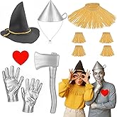 Mepase 10 Pcs Halloween Scarecrow Couple Costume Set Silver Funnel Hat Gloves Axe Scarecrow Hat Neck Wrist Leg Ties with Red Heart Sticker for Adults Wizard Cosplay Accessory
