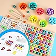 EGGFINE 5 in 1 Sorting Stacking Color Toys with Maths Counting, Montessori Toys for Preschool Math Educational, Wooden Peg Board Beads Game,Toddler Matching Games