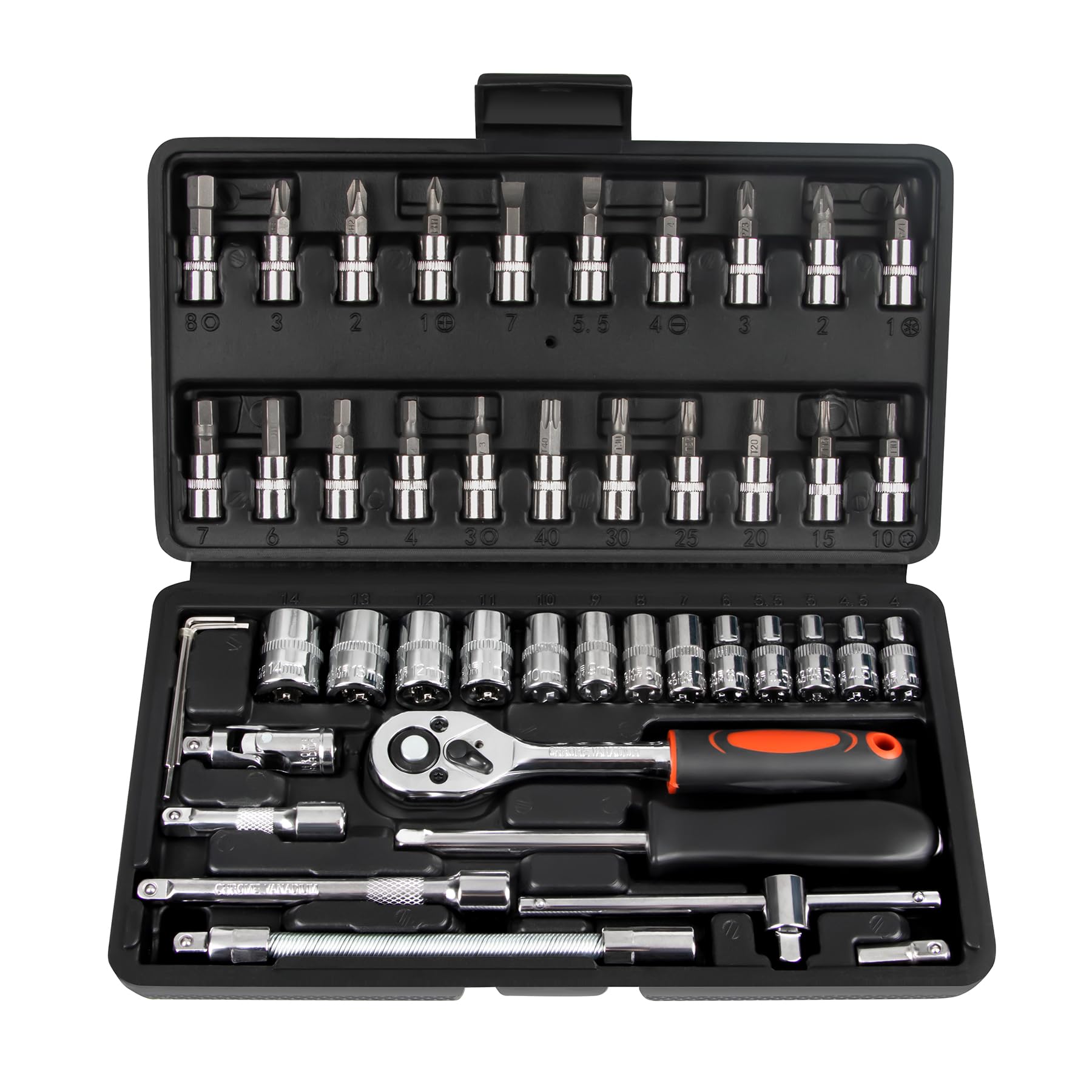 LLNEDL 46 Pieces 1/4" Drive Socket Set&Tool Sets, Ratchet Wrench Set with Bit Socket Set Metric and Extension Bar for DIY, Car Repair and Household with Storage Case（Black）