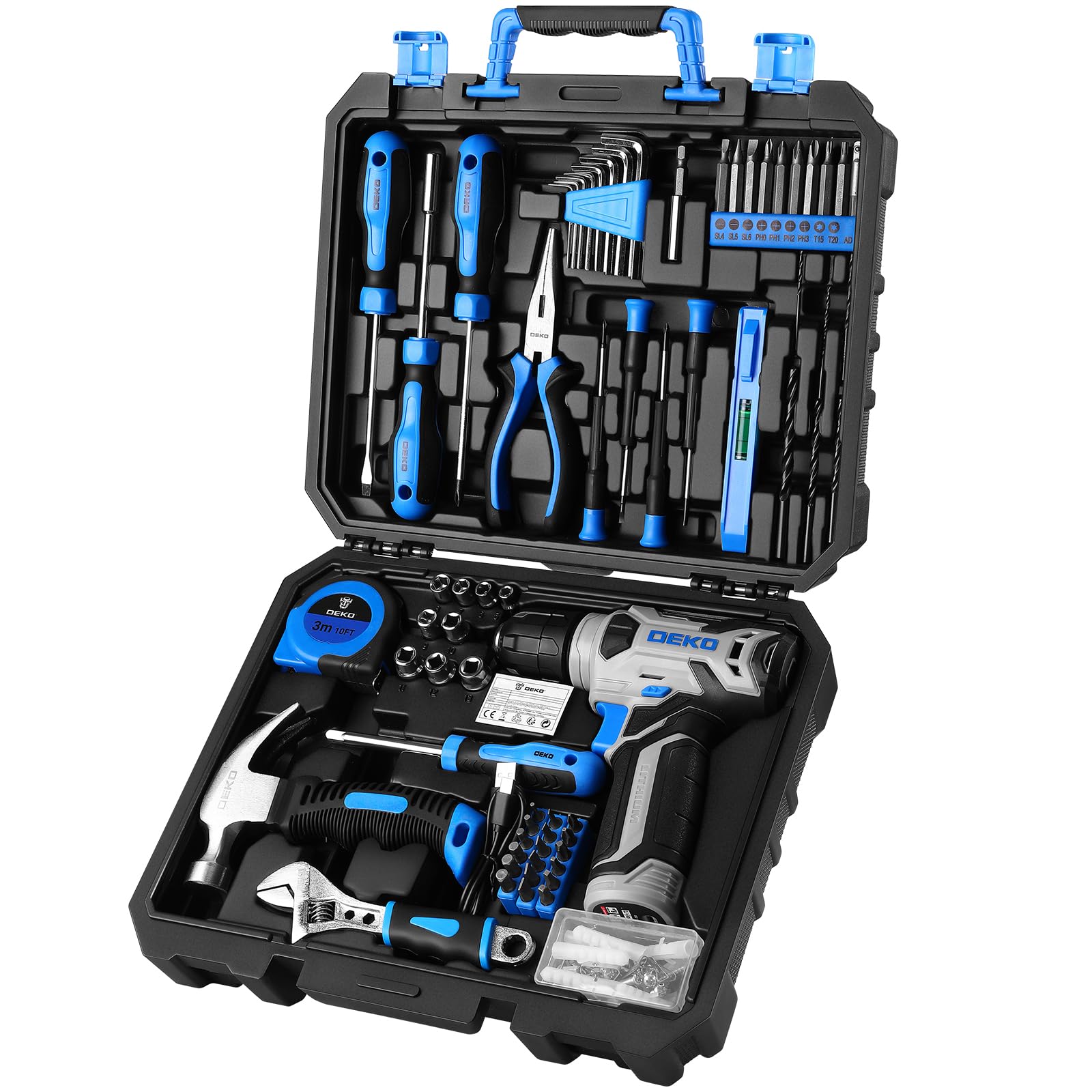 Tool Kit: DEKO Drill Set with Cordless Drill, Tool Kit Set Box, DIY Hand Tools for Men and Home, with 8V Electric Drills Blue,126 Pieces — image 1