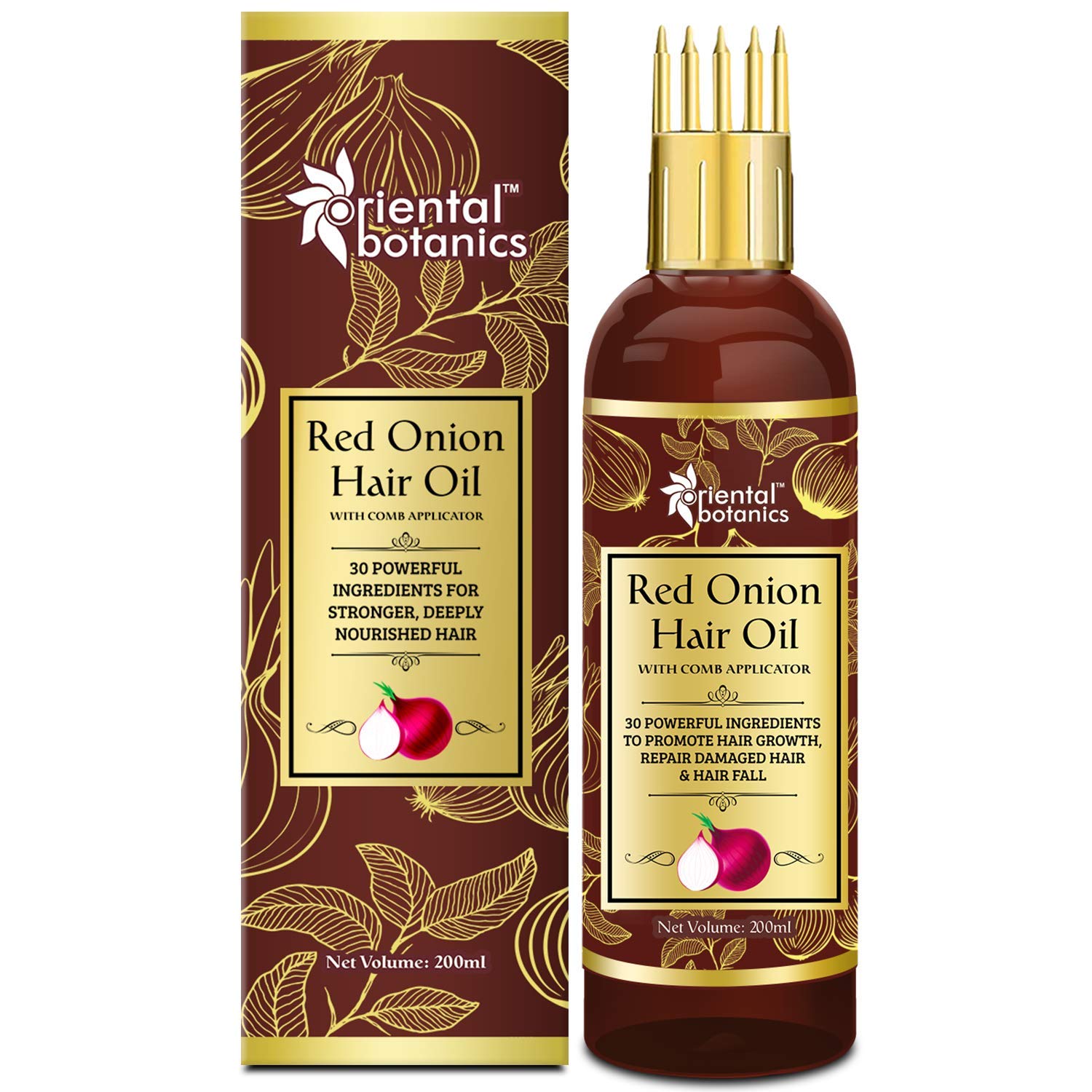 Oriental Botanics Red Onion Hair Oil with Comb Applicator 200ml - With 30 Oils & Extracts for Stronger Growth, Control Hair Fall