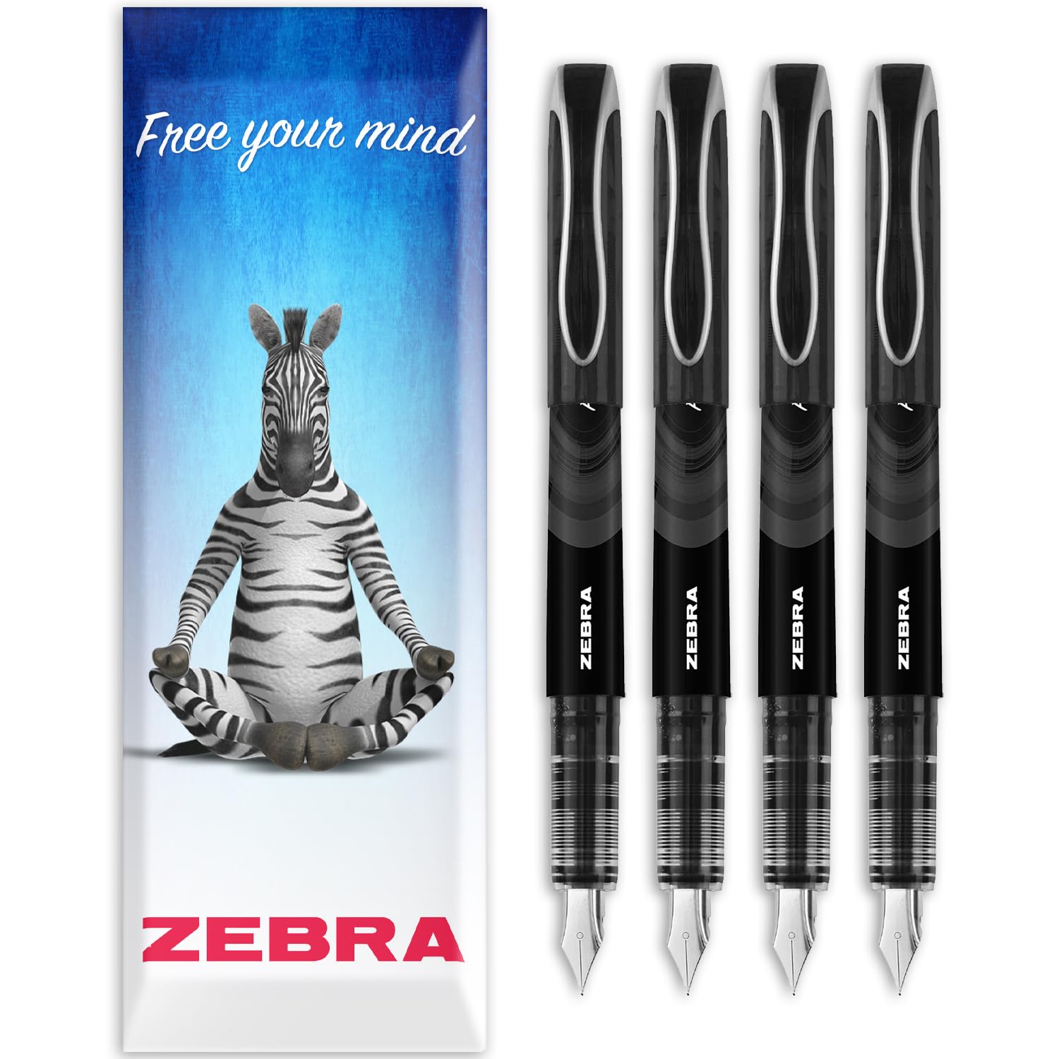 Zebra Fuente - Disposable Fountain Pen - 1.0mm Fine Nib 0.6mm Line Width - Wallet of 4 (Black) - In Envelope Gift Packaging