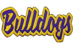 WHOLESALE APPLIQUE Bulldogs Mascot, Team Name, Embroidered, Iron on Patch (Purple Twill/Yellow Gold Outline)