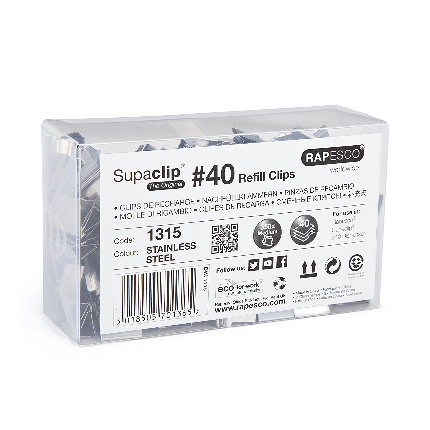 Rapesco 1315 Supaclip 40 Bulk Pack of Stainless Steel Refill Clips, Pack of 350