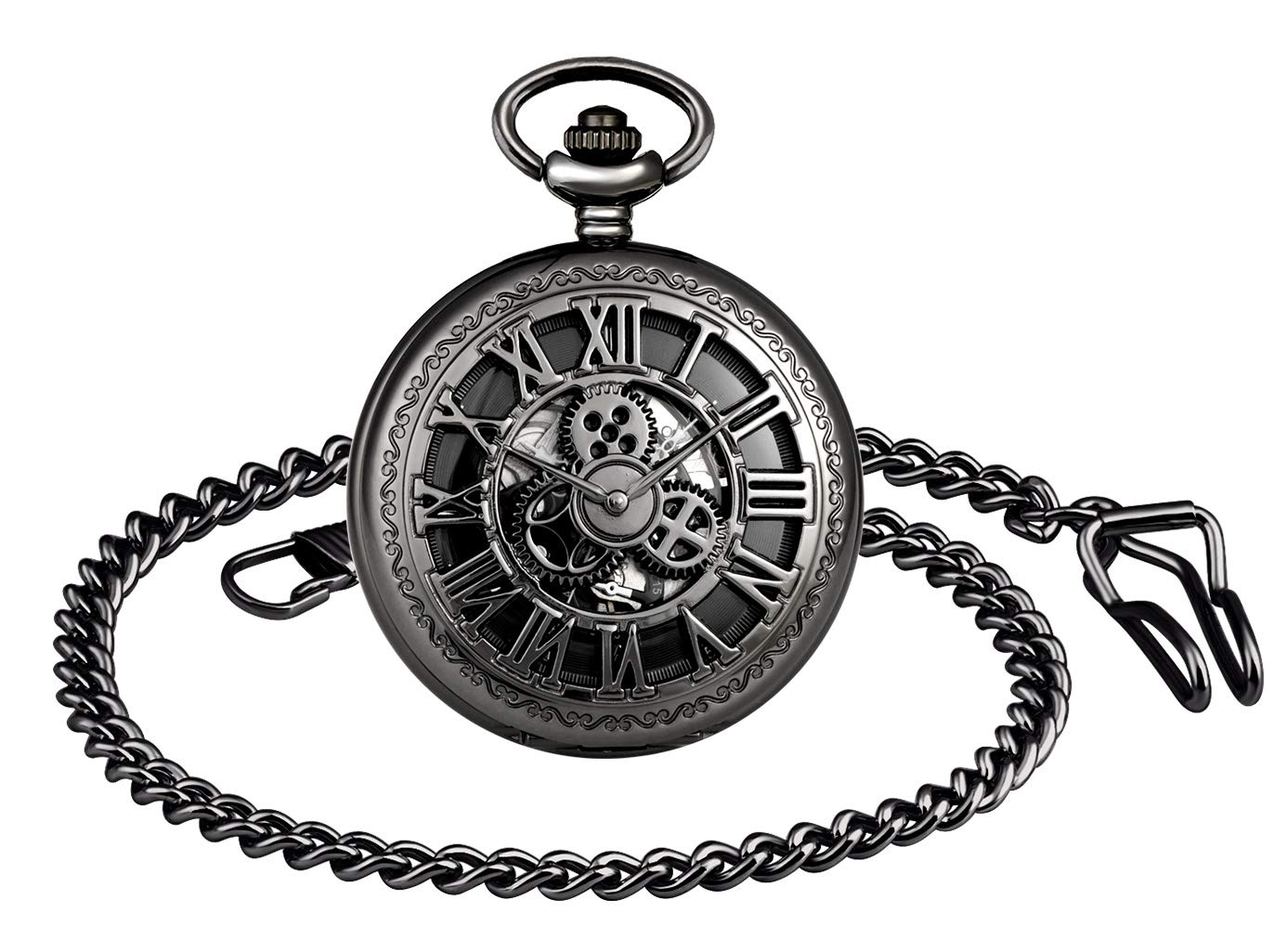 MICGIGI-Unisex Mechanical Hand-Wind Pocket Watch Gear Skeleton Pocket Fob Watches with Chain