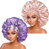 Isshin Beauty Silk Satin Bonnet Hair Cap: 2pcs 17inch Diameter Extra Large Jumbo Sleeping Satin Bonnets (Beige & L.Purple)