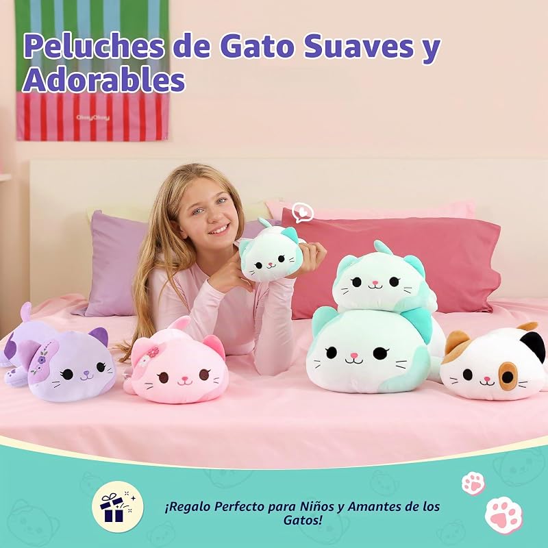 Peluche Gato Kuscheltier Peluche Kawaii Gato Almohada de Peluche Juguetes Plüsch Kätzchen Regalo de Peluche para Adultos Niños 3+ años (Violeta, 30cm)