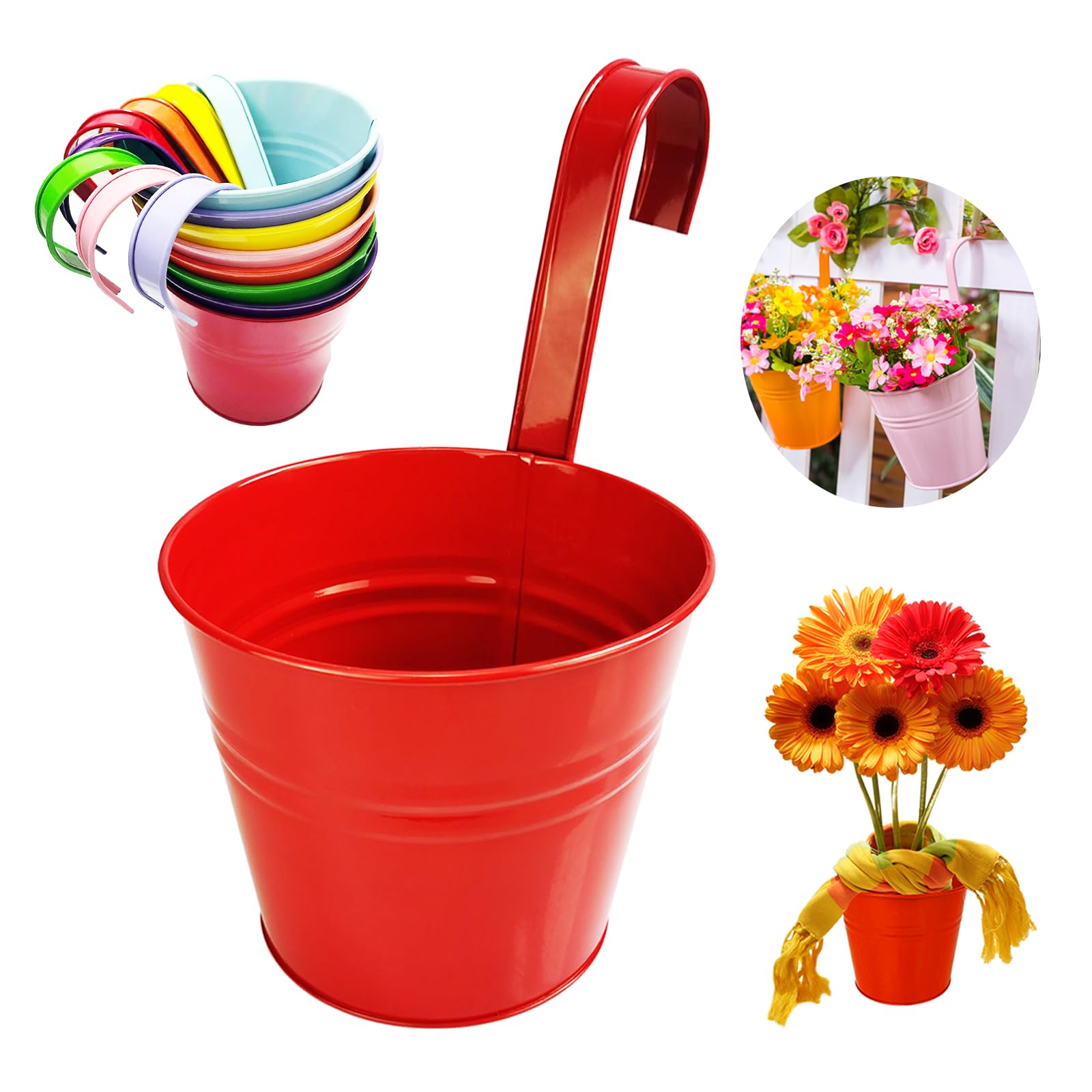 8 PCS Metal Hanging Plant Pots, Hanging Garden Flower Buckets, Balcony Home Decoration, with Drainage Holes and Detachable Hooks(caliber 16cm, color)