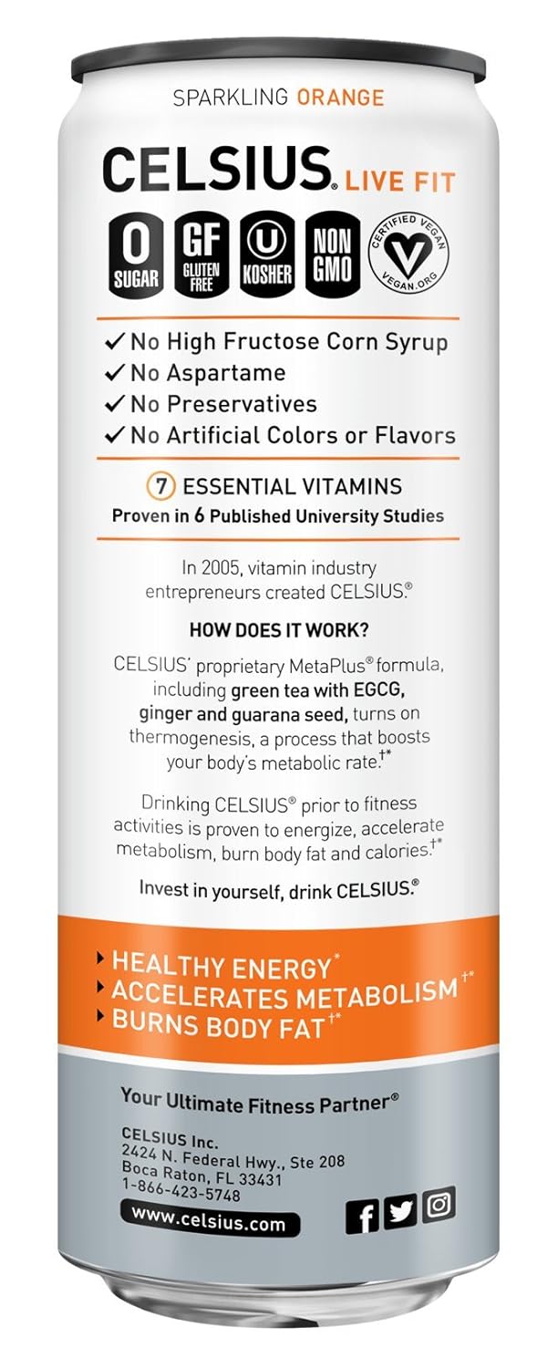CELSIUS Sparkling Orange Fitness Drink, Zero Sugar, 12oz. Slim Can (Pack of 12) : Bottled Iced Tea Drinks : Grocery & Gourmet Food