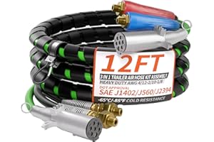 PlugSaf 12FT 3 in 1 Trailer Air Line Hose Kit Assembly with 7 Way ABS Electrical Power Cable Airline Hose Wrap for Semi Trucks Trailer Tractor
