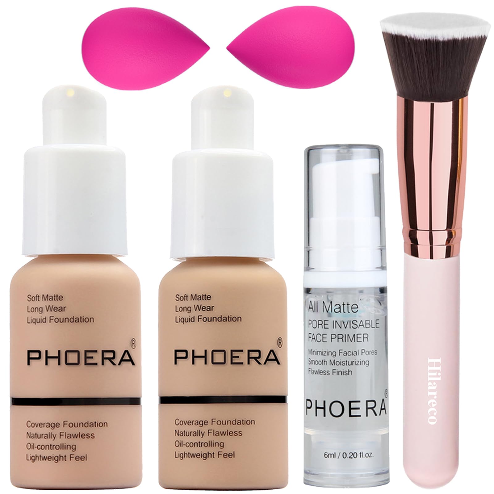 PHOERA Foundation Makeup Set - Matte Liquid Full Coverage Foundation, Primer, Concealer, Kabuki Brushes (103+104/Warm Peach+Buff Beige)