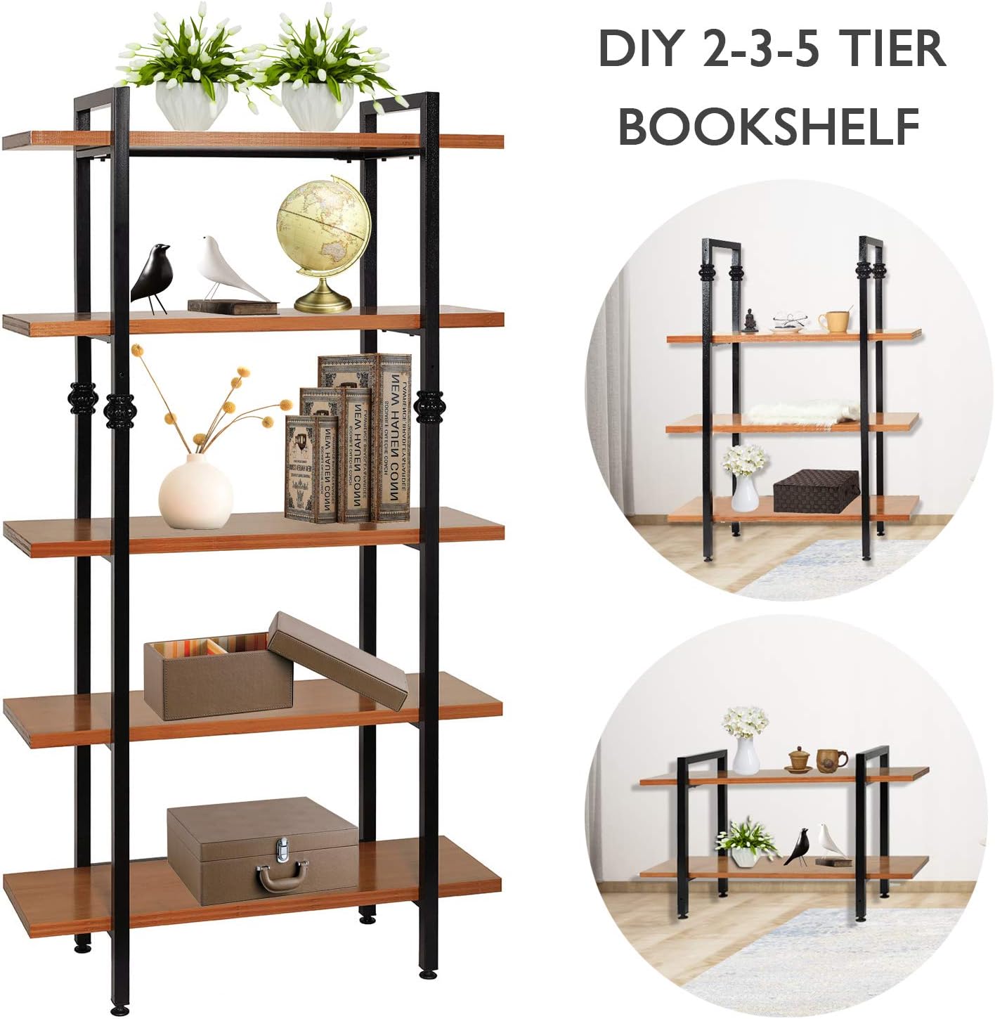 HOMPEN Wood & Metal Bookcase Book Shelves, 2-3-5-Tier Vintage Industrial Bookshelf