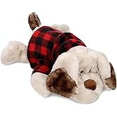 DolliBu Soft Lying Dog Stuffed Animal with Plaid Red Hoodie Sweater and Personalization - Lying Dog Plush Lumberjack Stuffed Toy with Plaid Jacket Dress Up for Christmas, Holiday - 14 Inches