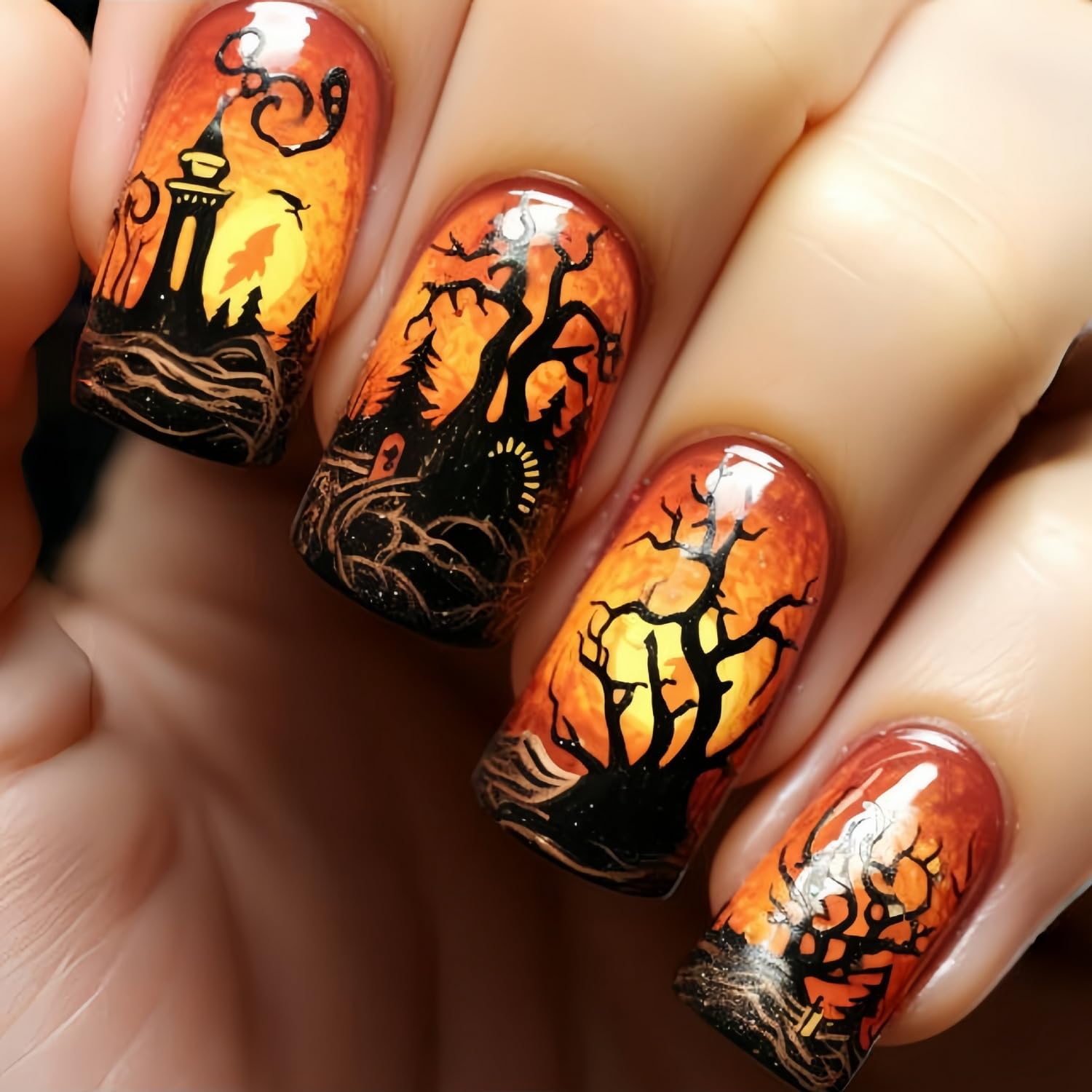 Photo 1 of 24 Pcs Short Halloween Press on Nails Mysterious Forest Trunk Designs Orange Gradient False Nails Square Fake Nail Halloween Glossy Stick on Nail Full Cover Acrylic Nails for Women Manicuare