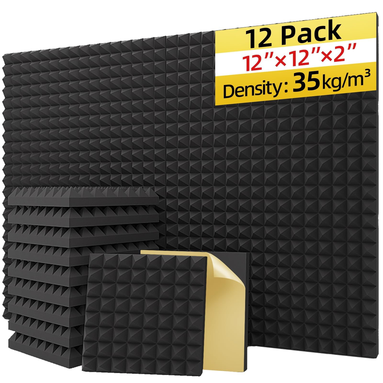 Photo 1 of 12 Pack Acoustic Panels Self-Adhesive,2"X 12" X 12" Sound Proof Foam Panels For Walls, 35kg/m³ High-Density Sound Absorbing Panels,Fire Resistant Soundproof Wall Panels Fast Expand,Sound Absorption