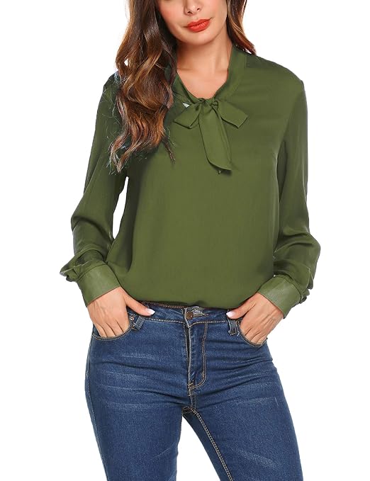 Womens Chiffon Blouses Solid Color Tunic Tops Long Sleeve Loose Shirt Office Work Vintage Ladi 