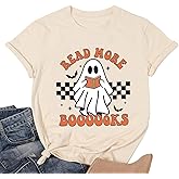 Halloween Teacher Shirts for Women Groovy Read More Books Ghost T-Shirt Short Sleeve Halloween Party Tee Tops