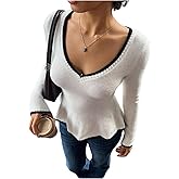 SOLY HUX Women's Long Sleeve Peplum Sweater Deep V Neck Ruffle Knit Pullover Jumper Tops