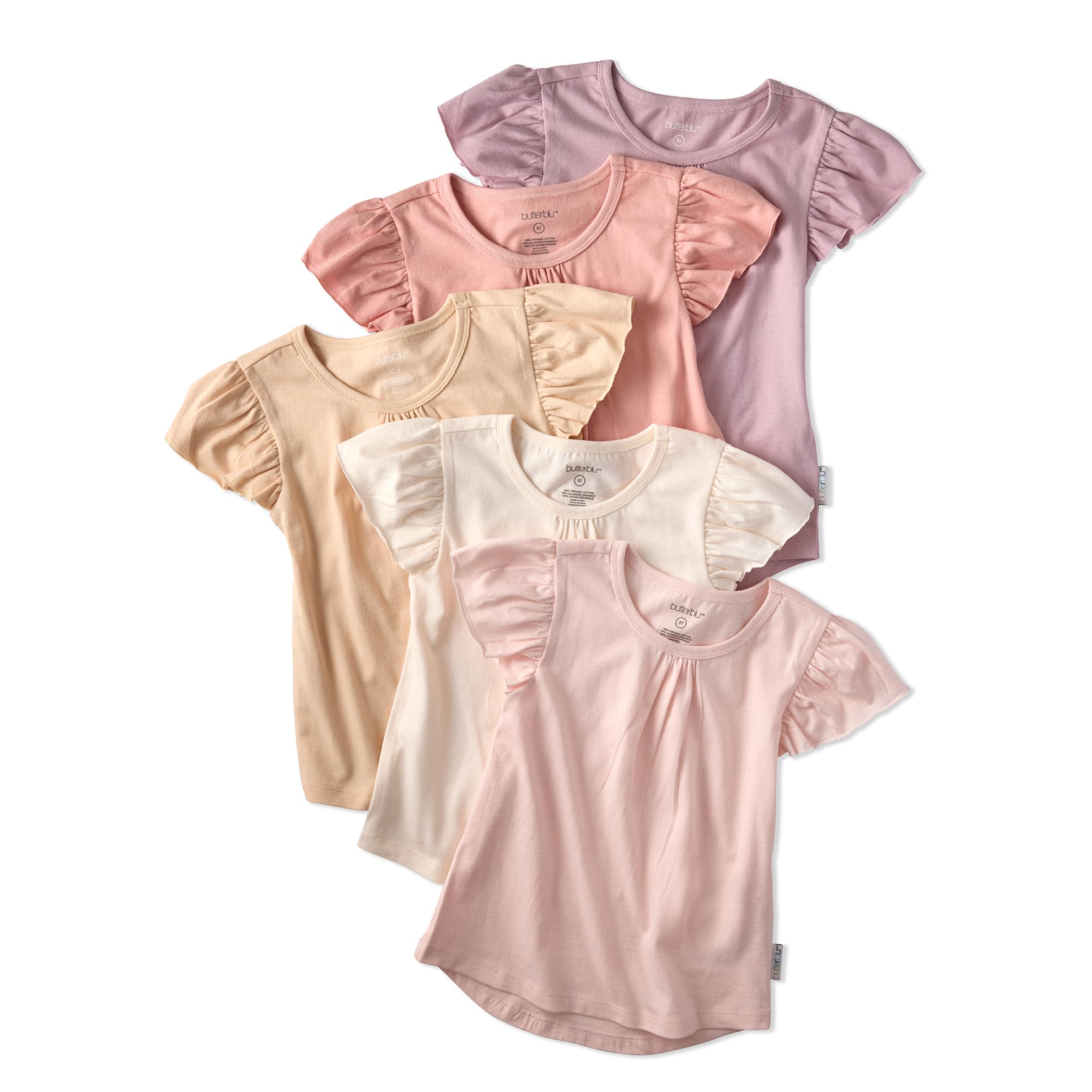 Butterblu Rose 5-Pack Short Sleeve Ruffle T-Shirts​ 100% Organic Cotton for Girls, Sorbet, 2T