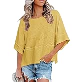 Aisongyuan Womens Fashion T-Shirt Crewneck 3/4 Sleeves Solid Color Loose Basic Tops Summer Casual Tees Blouses