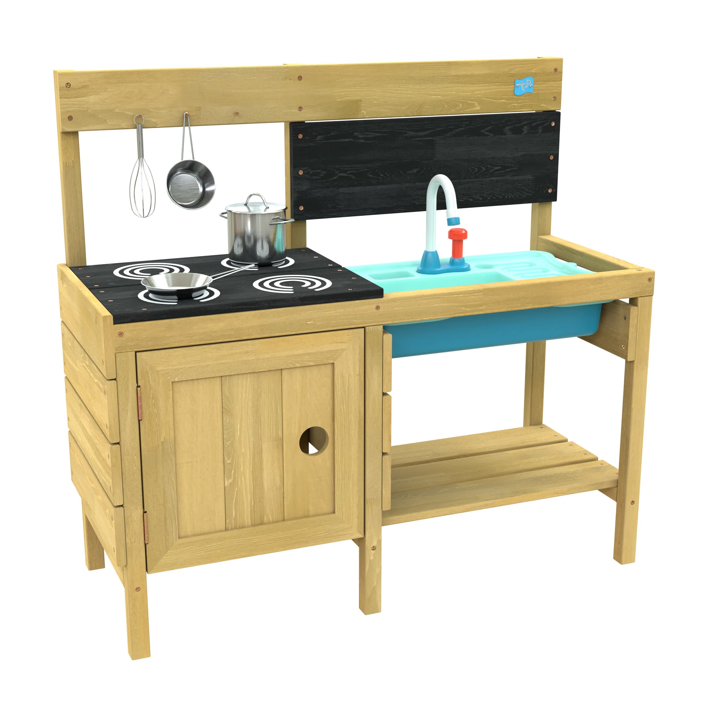 TP Toys, Splash and Play Happy Chef Wooden Mud Kitchen, Outdoor Wooden Kitchen for Kids, Messy, Mud and Sensory Prentend Play, Garden and Outdoor Toys, For Ages 3 +, 94 x 36 x 84cm