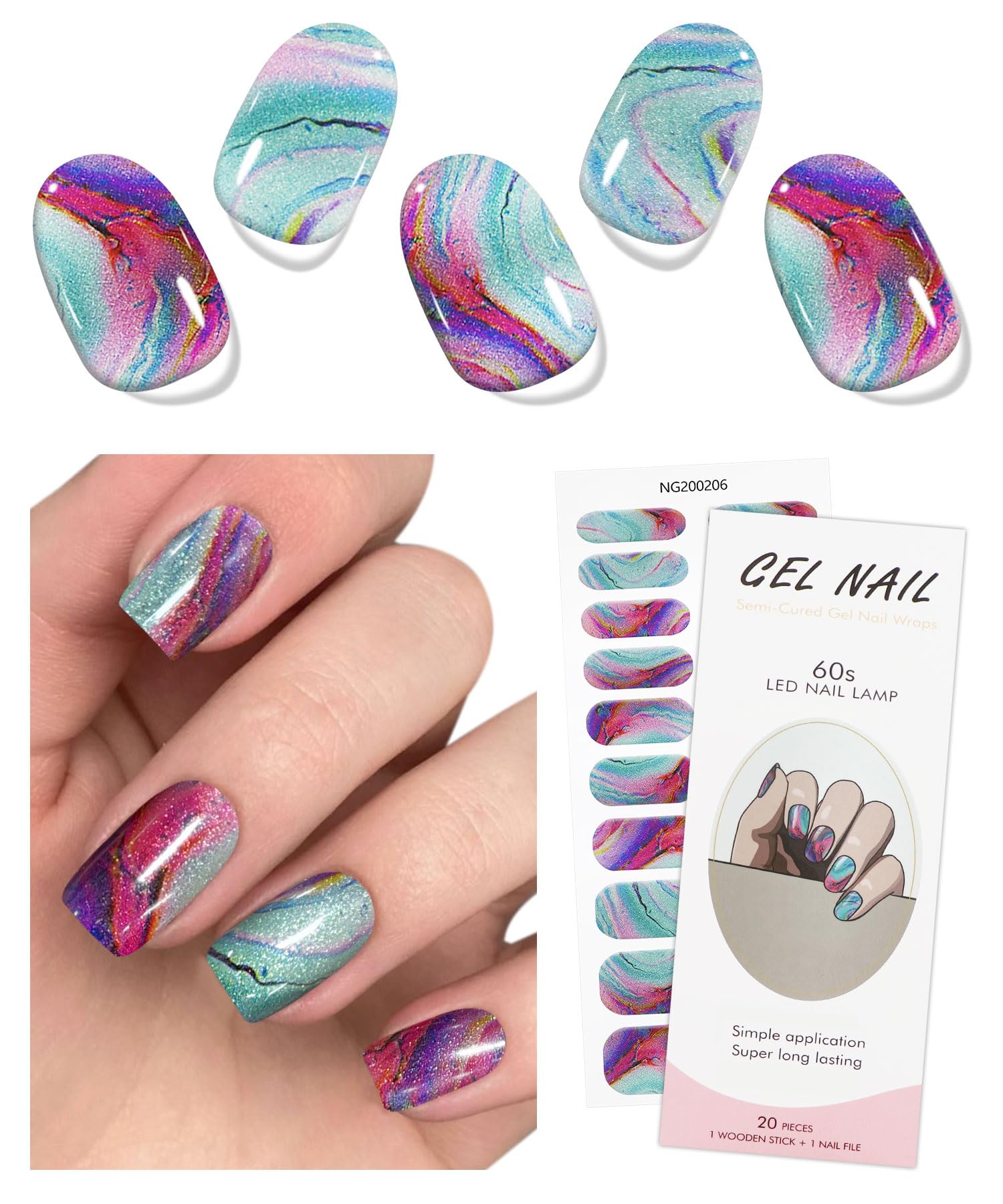 JMEOWIO Gel Nail Stickers Glitter Semi Cured Gel Nail Strips Wraps UV/LED Nails Art Design Decoration Accessories