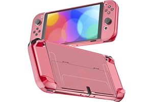 RHOTALL 3 in 1 Protective Red Clear Case Cover for Nintendo Switch OLED, Dockable Skin for Switch OLED and Joy Con Controller, Comfort Grip Shell with Shock-Absorption and Anti-Scratch Design