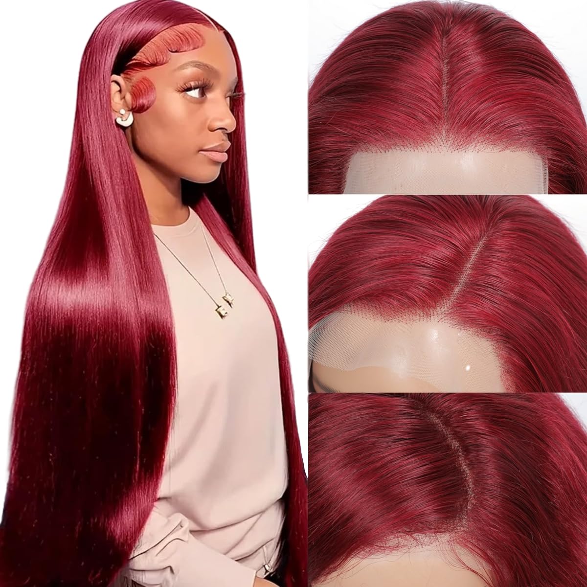 Junemet 20 Inch Burgundy 13x4 HD Lace Front Wigs Human Hair Bone Straight Human Hair Wigs Red Wine 99j Glueless Real Brazilian Virgin Human Hair Lace Frontal Wigs Pre Plucked for Women — image 1