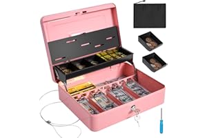 ZYNKORA Large Cash Box with Security Cable & Coin Tray, Metal Money Box with Tray & Key Lock,Tiered Locking Cash Boxes,Portable Lock Safe Box, Adjustable Coin Box,Deluxe Metal Money Box,4 Bill, Pink