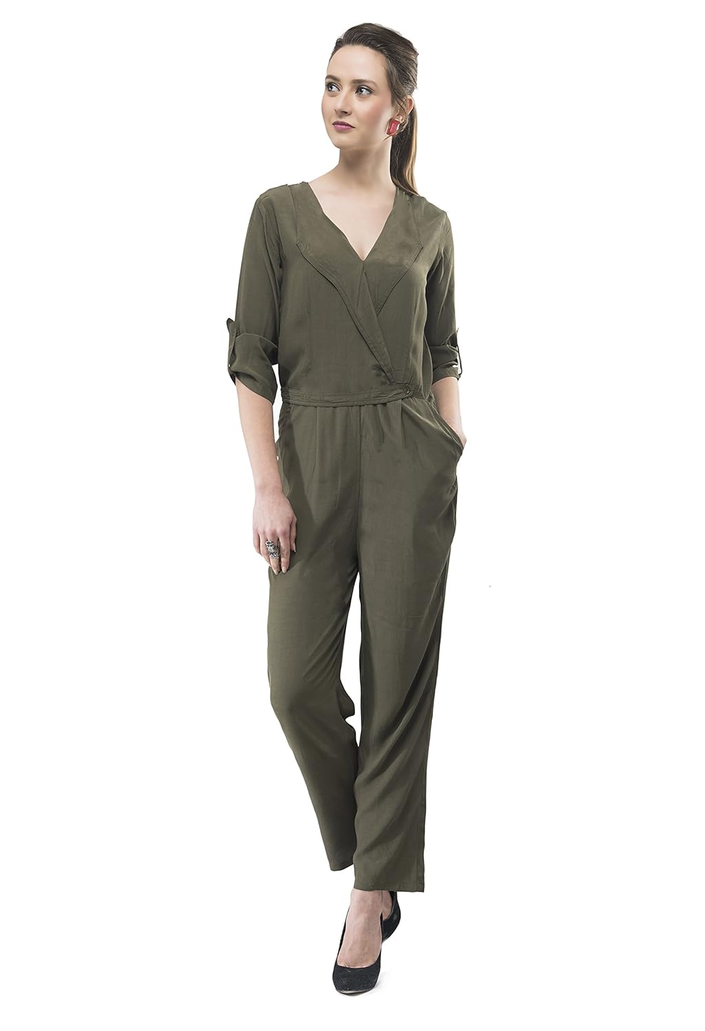 v&m women's olive green roll up sleeves straight leg jumpsuit