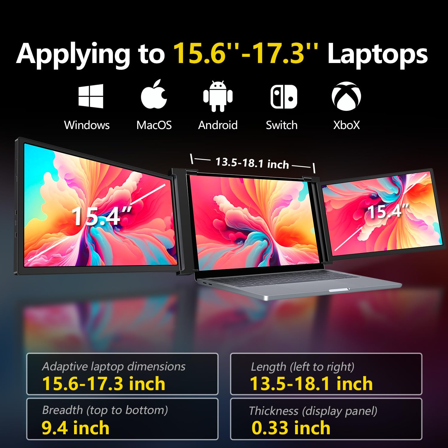 FQQ Laptop Screen Extender, 15.4-inch Portable Monitor for Laptop with Ultra-Slim FHD IPS Display, USB-C Plug and Play Extended Screen Compatible with MacOS, Windows for 15.6-17.3