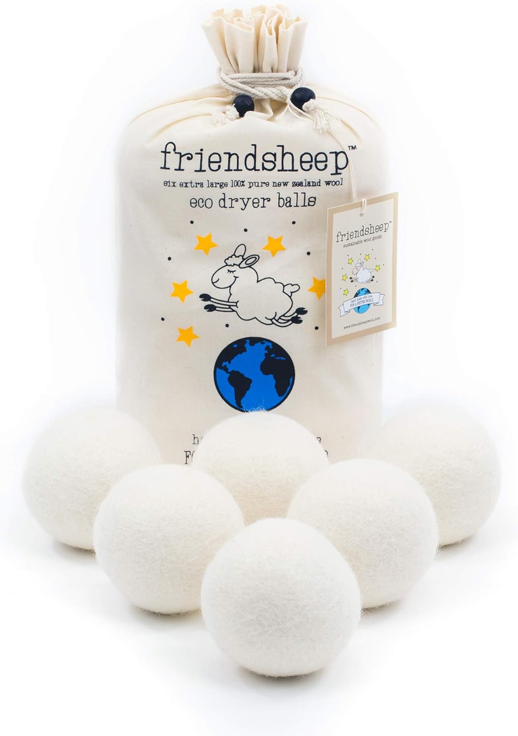 Wool Dryer Balls by Friendsheep 6 Pack XL Organic Premium Reusable Cruelty Free Handmade Fair Trade No Lint Fabric Softener White -"Creamy White"