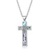 TALYKONG Cross Necklace Tree of Life Cross Necklace with Abalone Shell Religious Jewelry Christmas Gifts for Women Mother Daughter Family