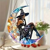 7.8inch Moon Witchs Suncatcher Acrylic Stained Glass Window Hanging Wall Art Ornament Halloween Window Suncatchers Garden Home Indoor Outdoor Decor for Women Friends Party Gift