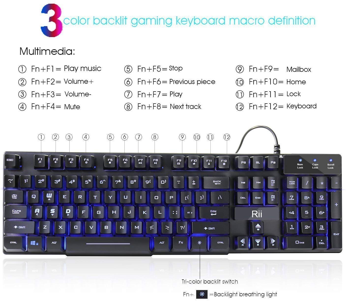 Rii RK100 3 Colors LED Backlit Mechanical Feeling USB Wired Multimedia Gaming Keyboard, Office Keyboard for Working or Primer Gaming,Office Device