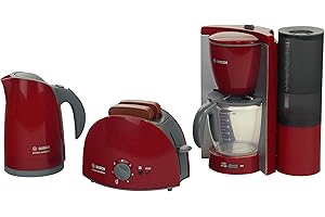Theo Klein Bosch Red Kids Breakfast Set - Toy Toaster, Kettle, Coffee Maker with Water & Mechanical Toasting Function - Play 
