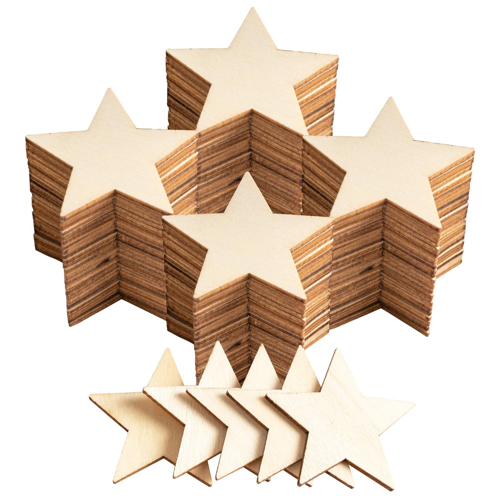 CUWELT 200pcs 50mm Wooden Stars Slices, 5cm/2inch Wooden Star Christmas, Embellishments Star Natural Tags, Unfinished Stars Wood Slices for Wedding Party DIY Crafts Table Scatter Decoration